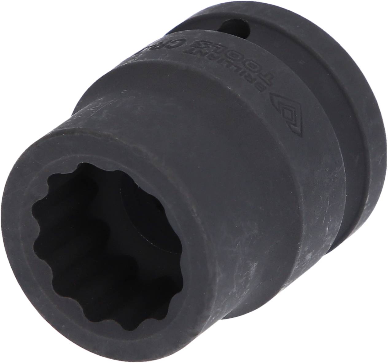 Ein schwarzer Steckschlüssel mit geriffelter Innenseite, meist verwendet für Schrauben oder Muttern in mechanischen Anwendungen.