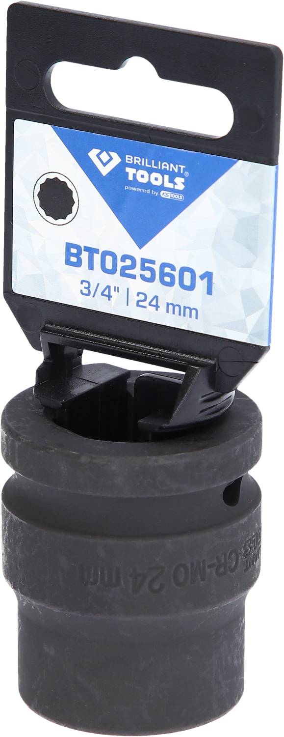 'Brilliant Tools BT025601', Steckschlüssel-Einsatz 3/4 Zoll, 24 mm, schwarz, mit Halterungslasche und Beschriftung auf Metallplatte.