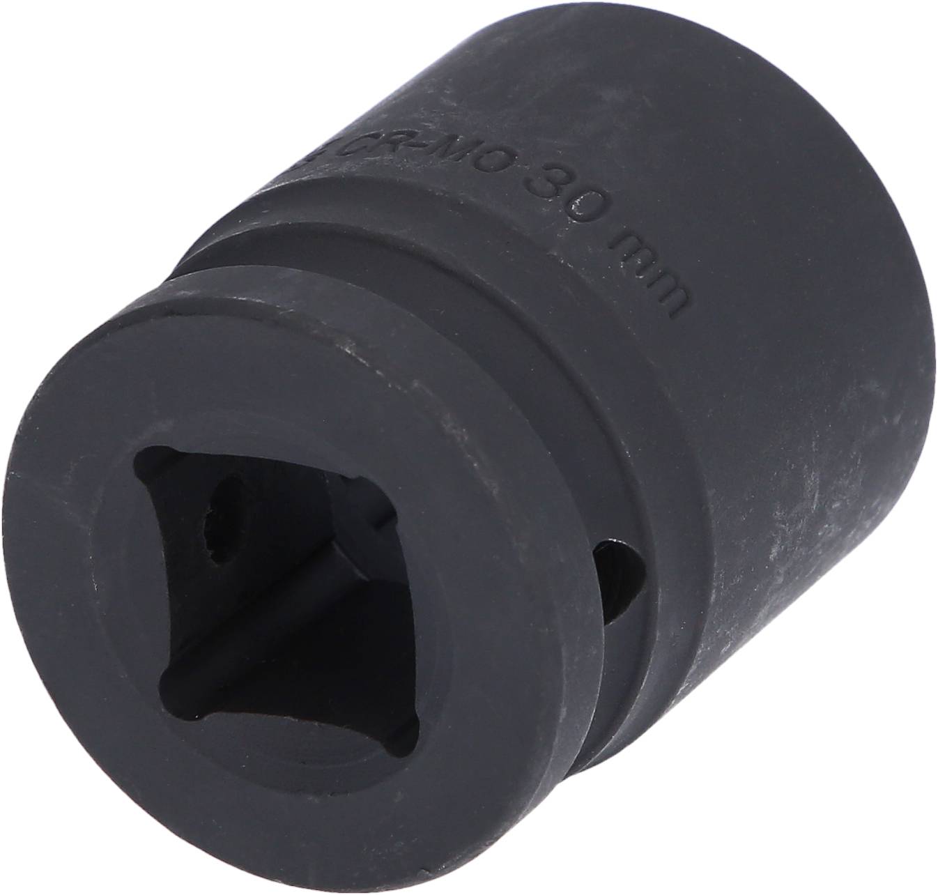 Ein schwarzer Steckschlüsselaufsatz, markiert mit 'CR-MO 30 mm'.用于紧固工作。