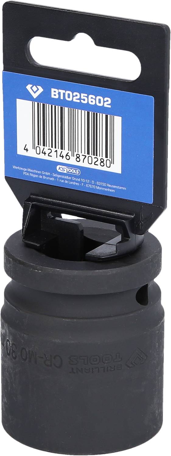 Ein schwarzer Steckschlüsseleinsatz mit einer blauen Verpackungskarte oben. Auf der Karte ist ein Barcode und die Nummer 'BT025602'.