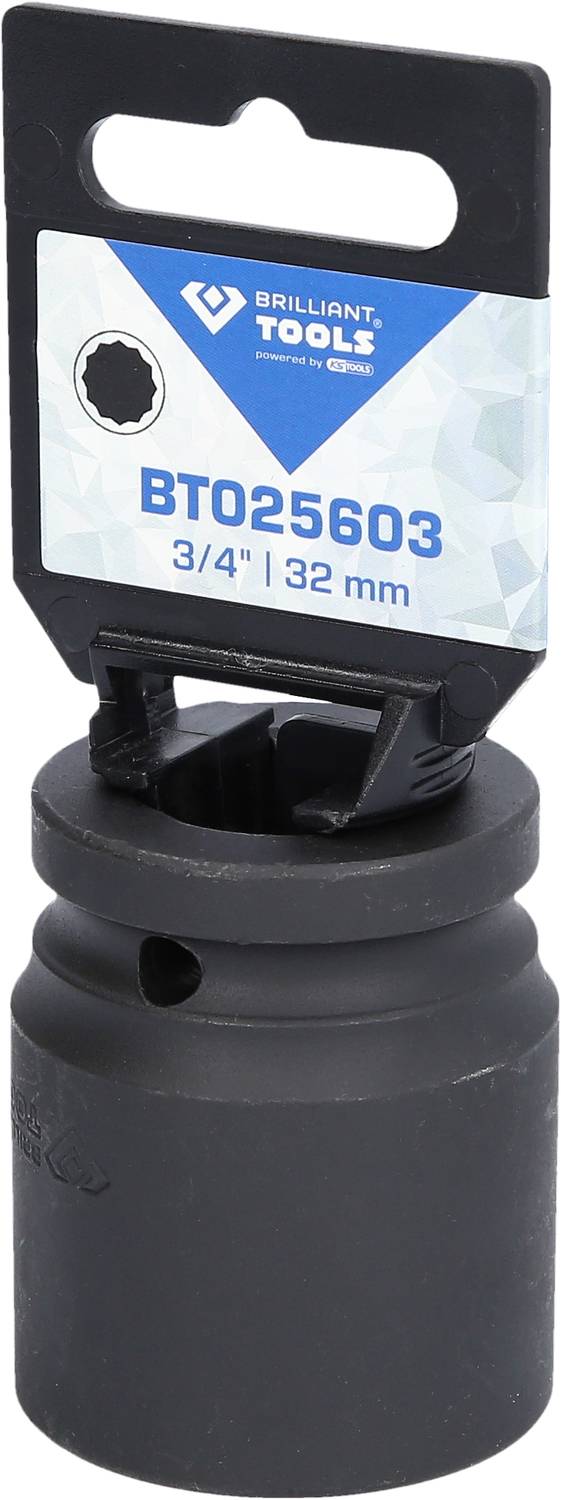 Eine schwarze Stecknuss mit einem Etikett 'BTO25603 3/4'' 32 mm', Marke Brilliant Tools.