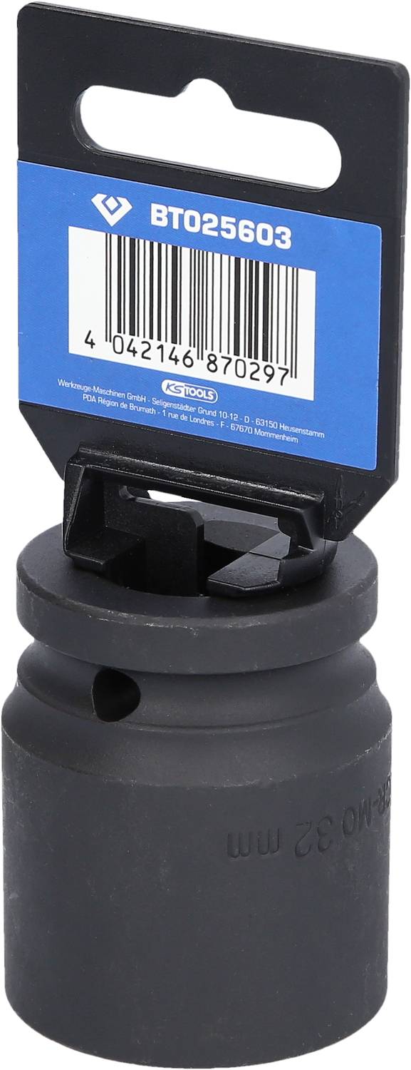 Ein schwarzer Adapter mit einer blauen Verpackung und Barcode. Oben ist eine Nummer 'BT025603' sichtbar.