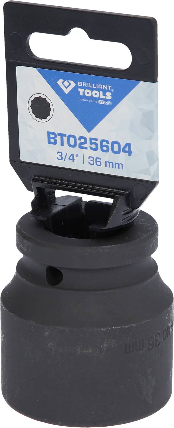 Schwarzes Steckschlüsseladapter-Werkzeug mit Etikett 'BT025604' und Größenangabe '3/4