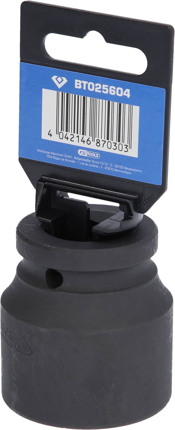 Ein schwarzes Autoteil mit einem blauen Etikett, auf dem eine Nummer und ein Barcode steht. Das Etikett hat einen ovalen Logo.