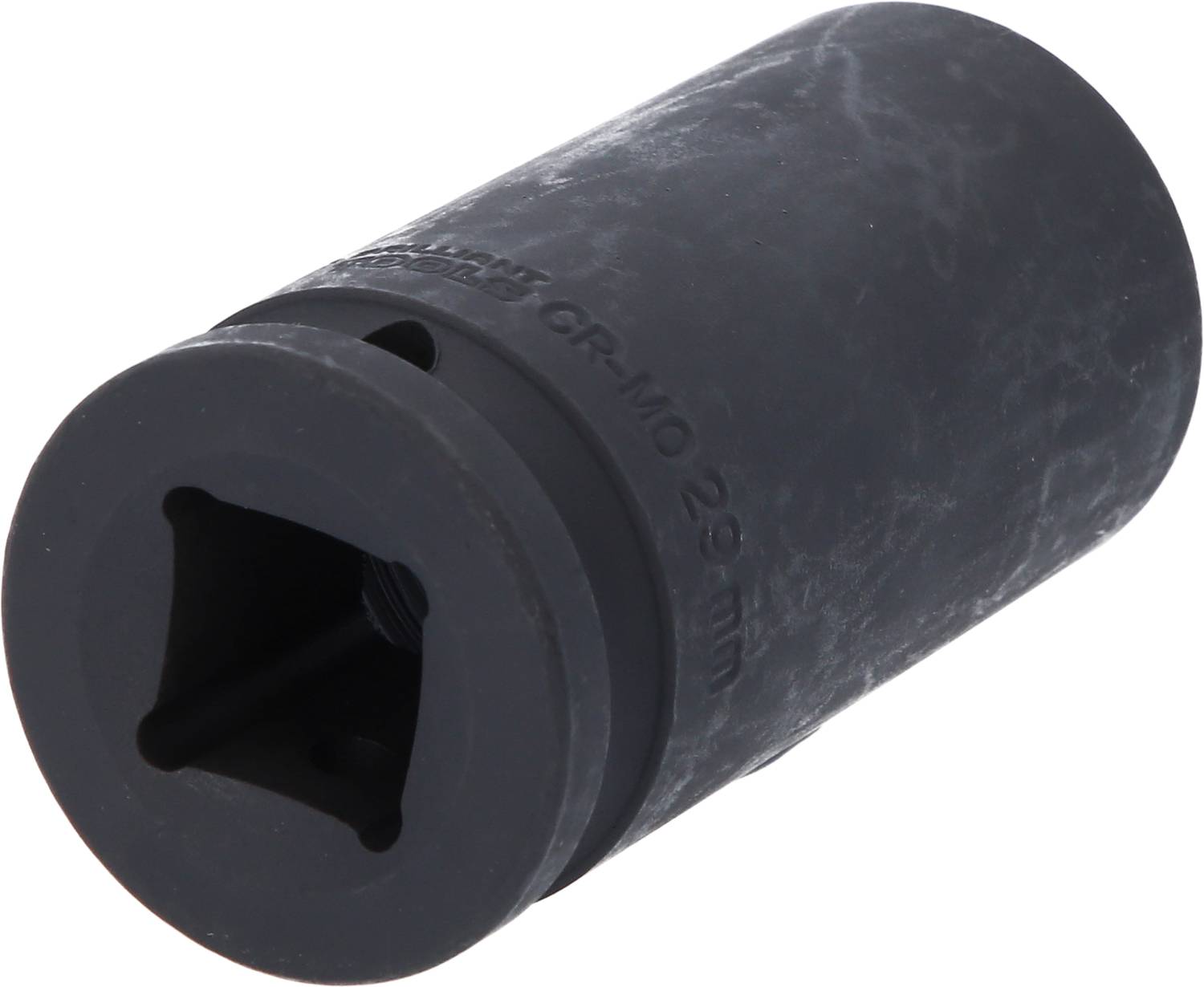 Eine schwarze Stecknuss mit quadratischem Ausschnitt und der Aufschrift 'CR-MO 29 mm', möglicherweise für Automobil- oder Mechanikanwendungen.