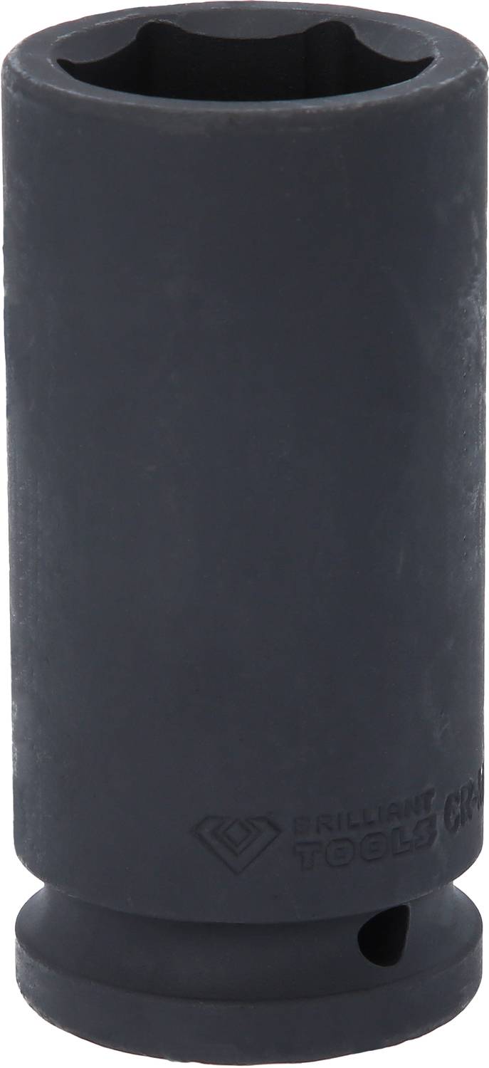 Ein schwarzer Steckschlüsselaufsatz aus Metall, zylindrisch geformt, geeignet zum Lösen von Schrauben und Muttern in technischen Anwendungen.