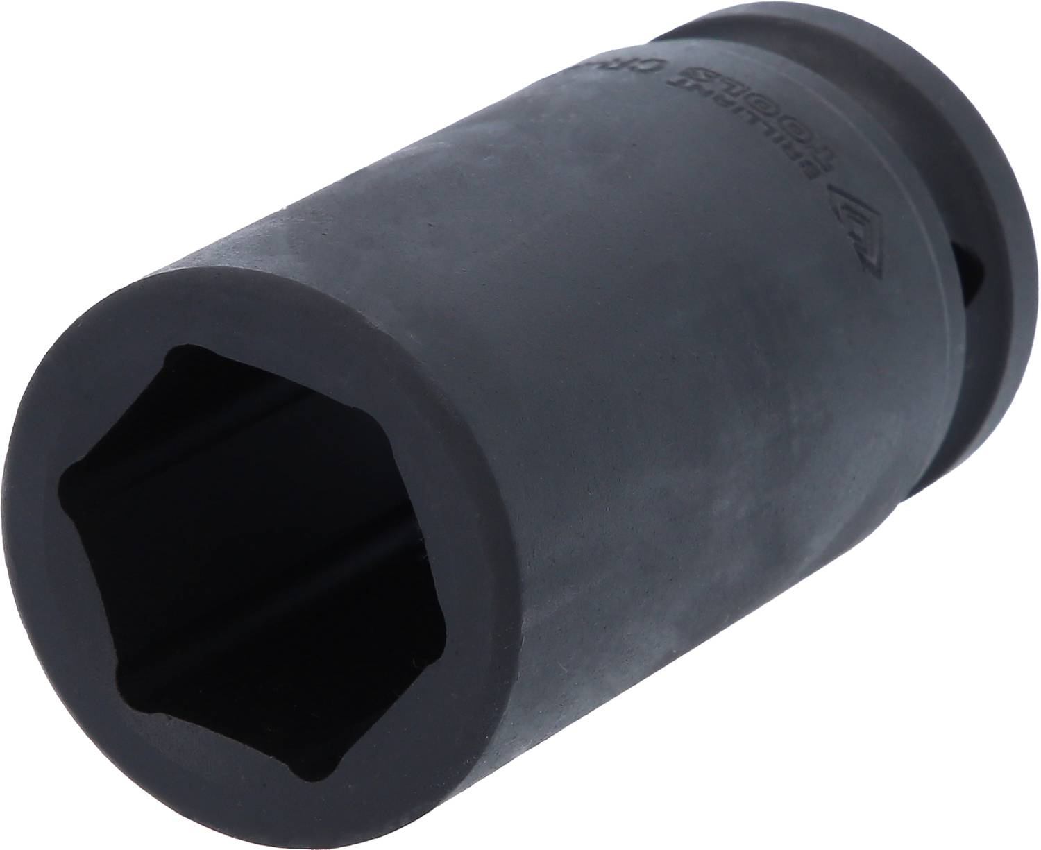 Eine schwarze Sechskant-Stecknuss, seitlich abgebildet, aus robustem Material. Debug Info: Data Truncation Test, Geometrie-Element.