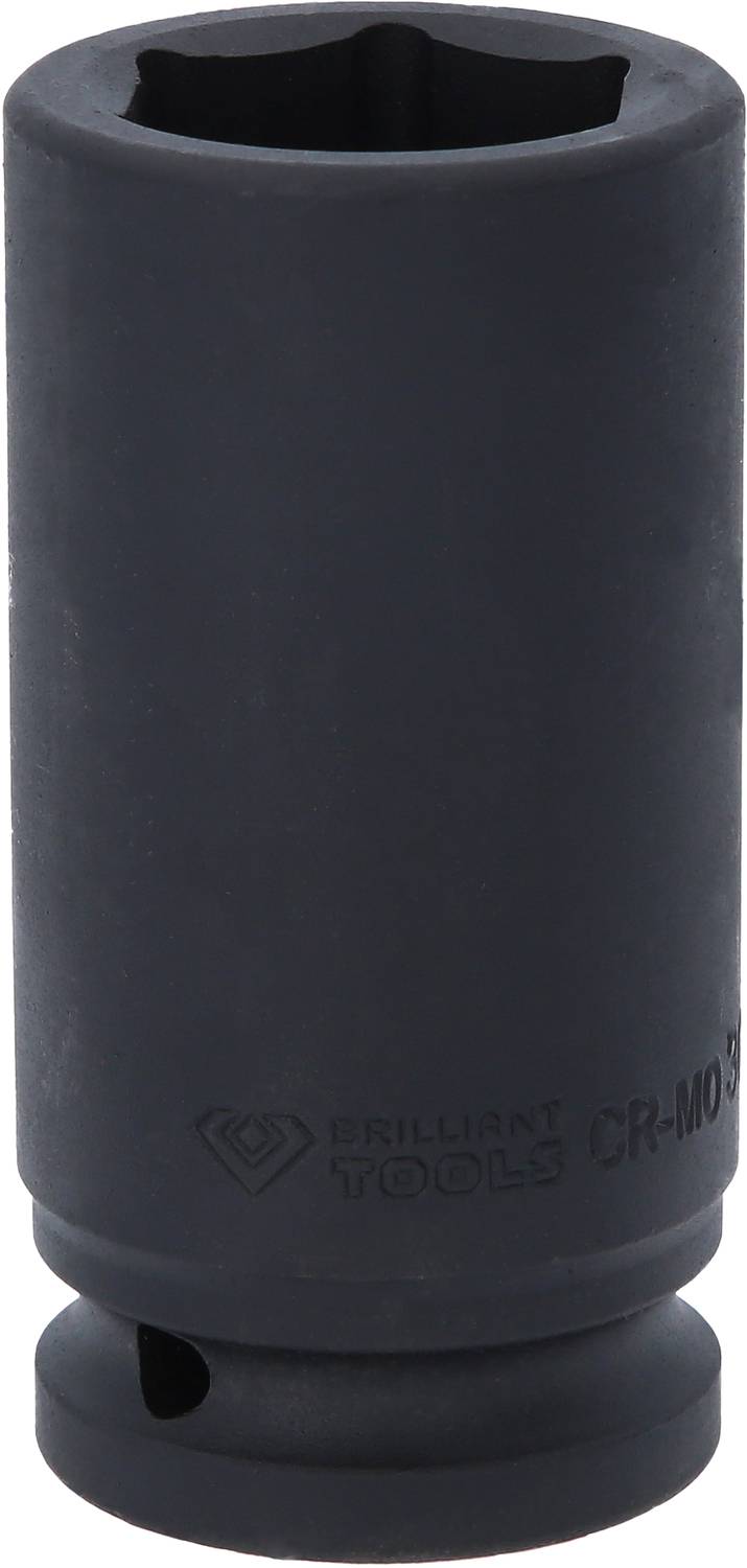 'Stecknuss' aus schwarzem Metall, zylindrische Form, mit quadratischer Öffnung oben, Markierung 'CR-MO' und 'Brilliant Tools' sichtbar.
