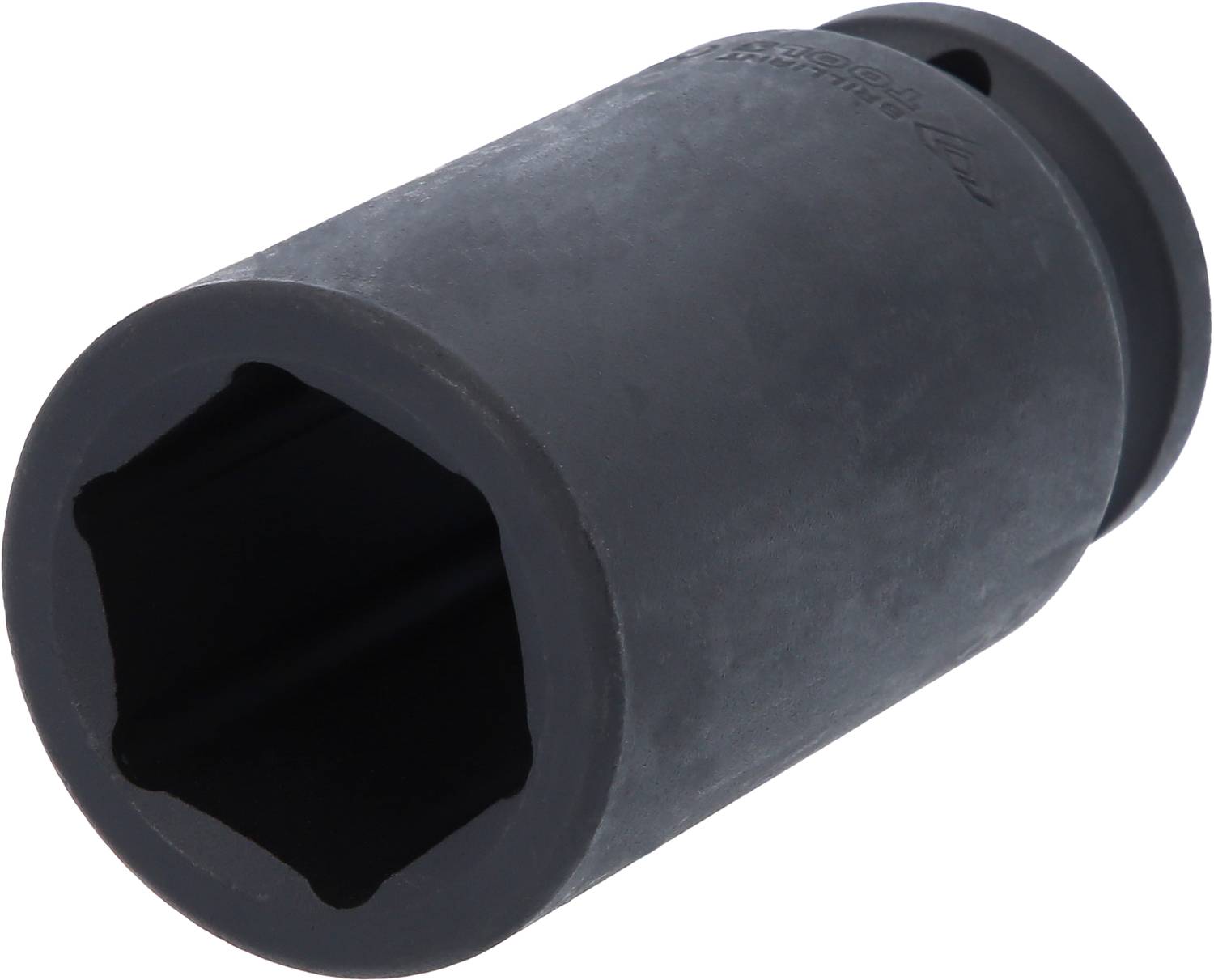 Ein schwarzer Steckschlüsselaufsatz mit sechseckiger Öffnung zum Lösen oder Anziehen von Muttern oder Schrauben.