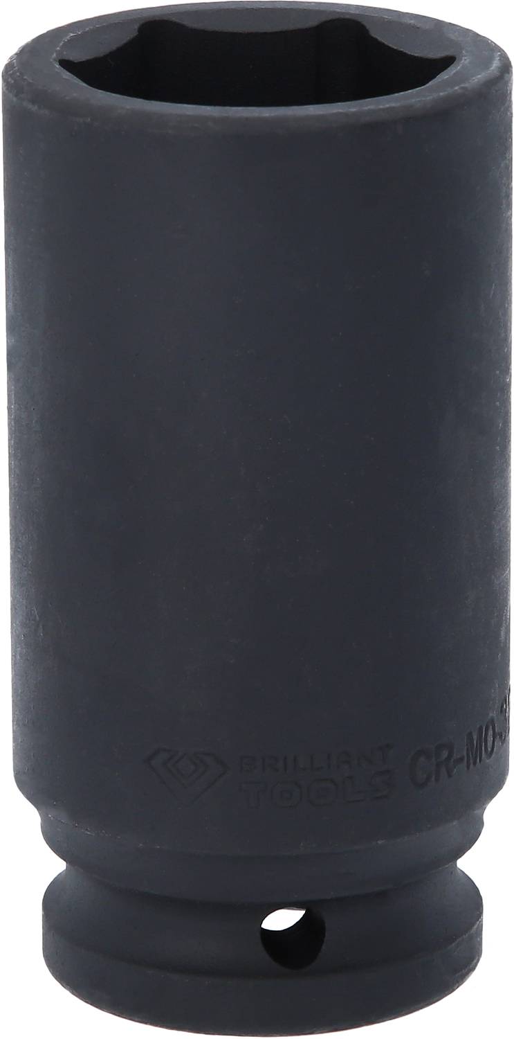 Schwarze, zylindrische Stecknuss aus Metall mit sechseckiger Öffnung, verwendet für Wellenverbindungen.