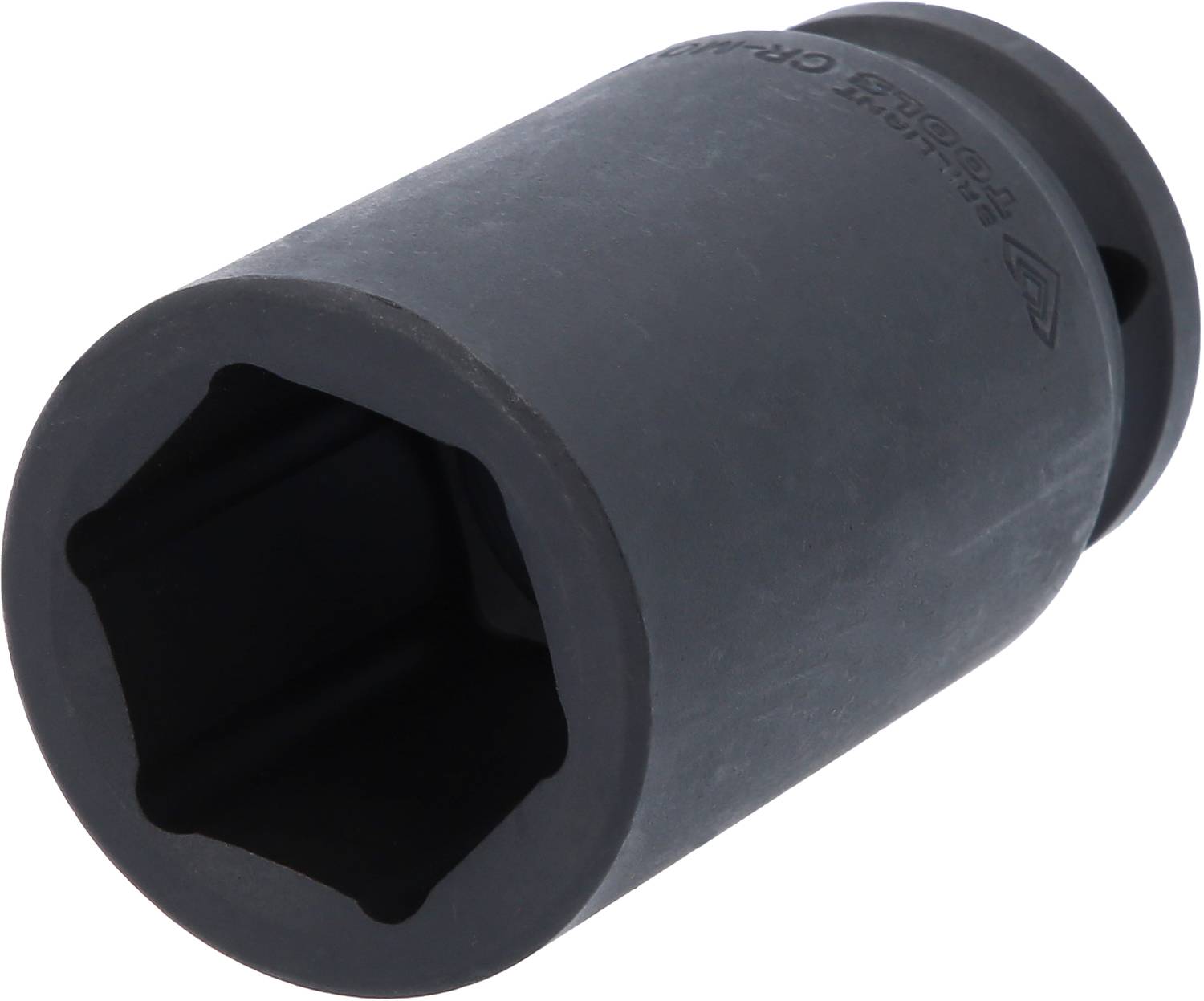 Eine schwarze Steckschlüssel-Nuss aus Metall, zylindrisch geformt mit einer sechseckigen Öffnung, möglicherweise für den Einsatz mit einem Drehmomentschlüssel.