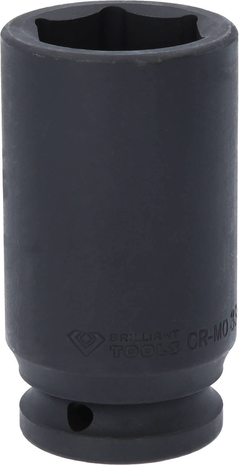 Ein schwarzer Steckschlüsselaufsatz für Schraubarbeiten, aus robustem Material, zylindrisch geformt und mit Marke 'Brilliant Tools' bedruckt.