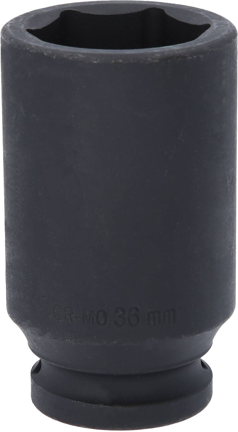 Ein schwarzer Steckschlüsseleinsatz aus Metall mit der Aufschrift 'CR-MO 36 mm'. Geeignet für den Einsatz in mechanischen Arbeiten.
