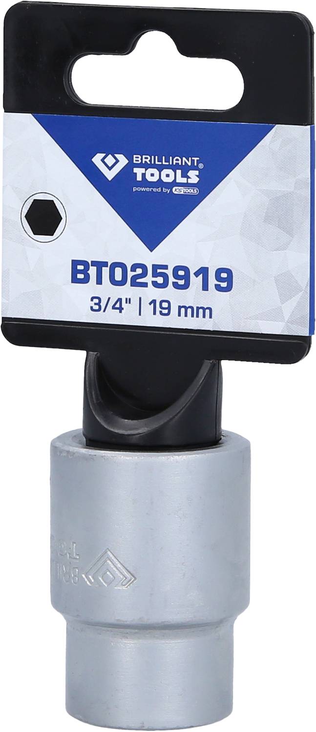 Stecknuss 3/4 Zoll, 19 mm von Brilliant Tools, Artikelnummer BT025919, montiert an einer Verpackungshalterung.