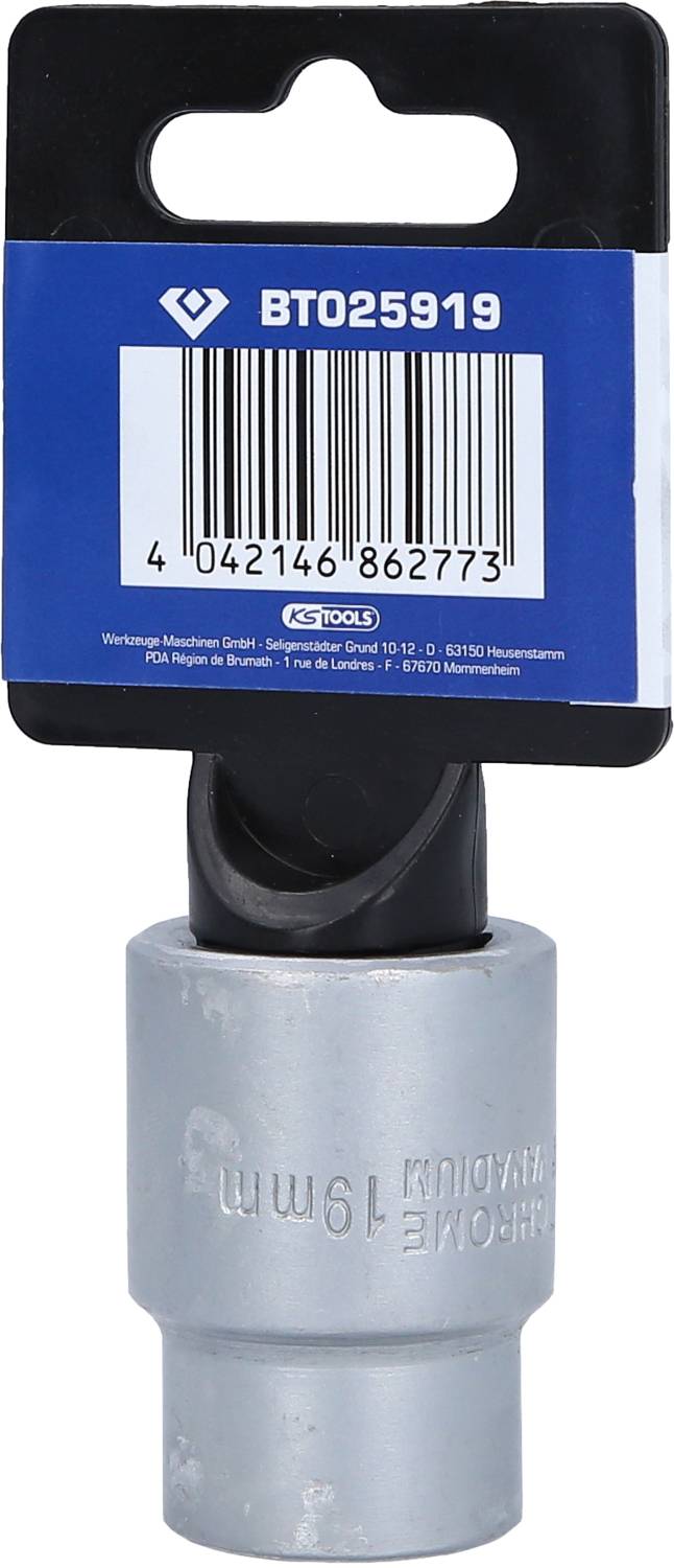 Ein 19-mm-Steckschlüsseleinsatz mit Barcode und Produktcode 'BTO25919' auf der blauen Verpackung von KS Tools.