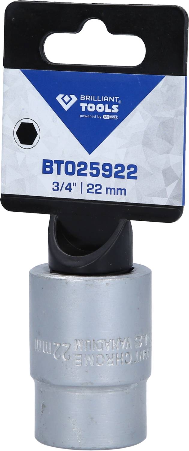 Stecknuss-Werkzeug, Marke Brilliant Tools, Modellnummer BT025922, Größe 3/4 Zoll und 22 mm, auf einem Haken zur Präsentation.