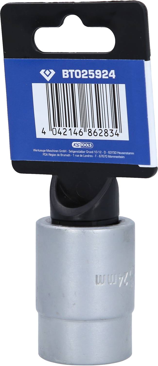 Silberne Stecknuss mit Etikett und Barcode. Geeignet für Steckschlüsseleinsätze, mit Größenangabe auf der Seite.