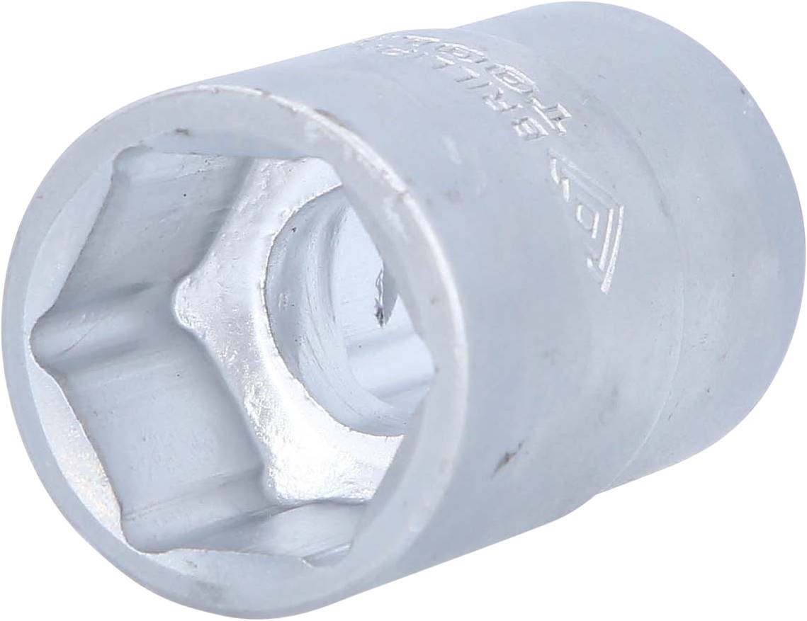 Rundliche Metall-Stecknuss mit sechskantiger Öffnung, verwendet zur Befestigung von Schrauben und Muttern.