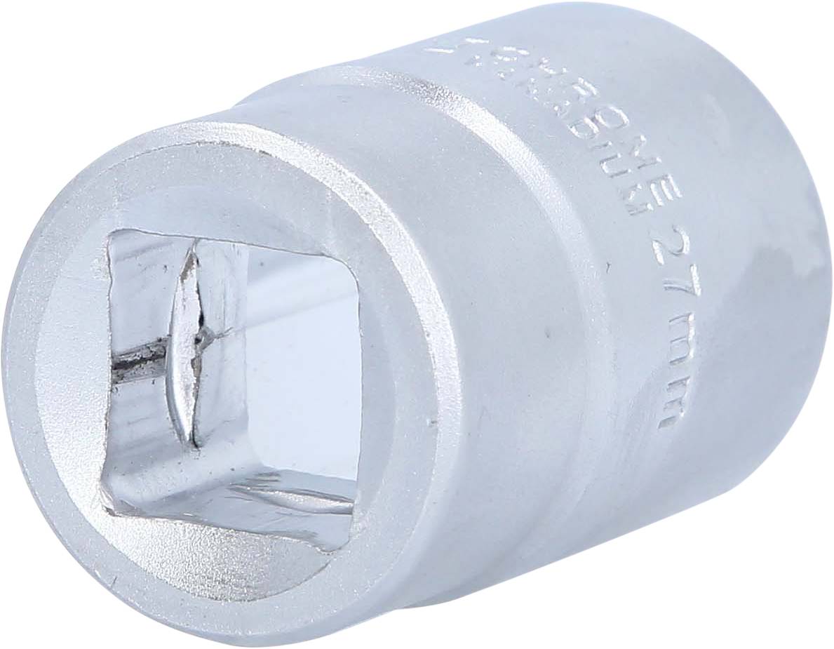 Metallische Stecknuss mit quadratischer Öffnung, seitlich beschriftet mit '27 mm', für den Einsatz mit Ratschen oder Schraubenschlüsseln.