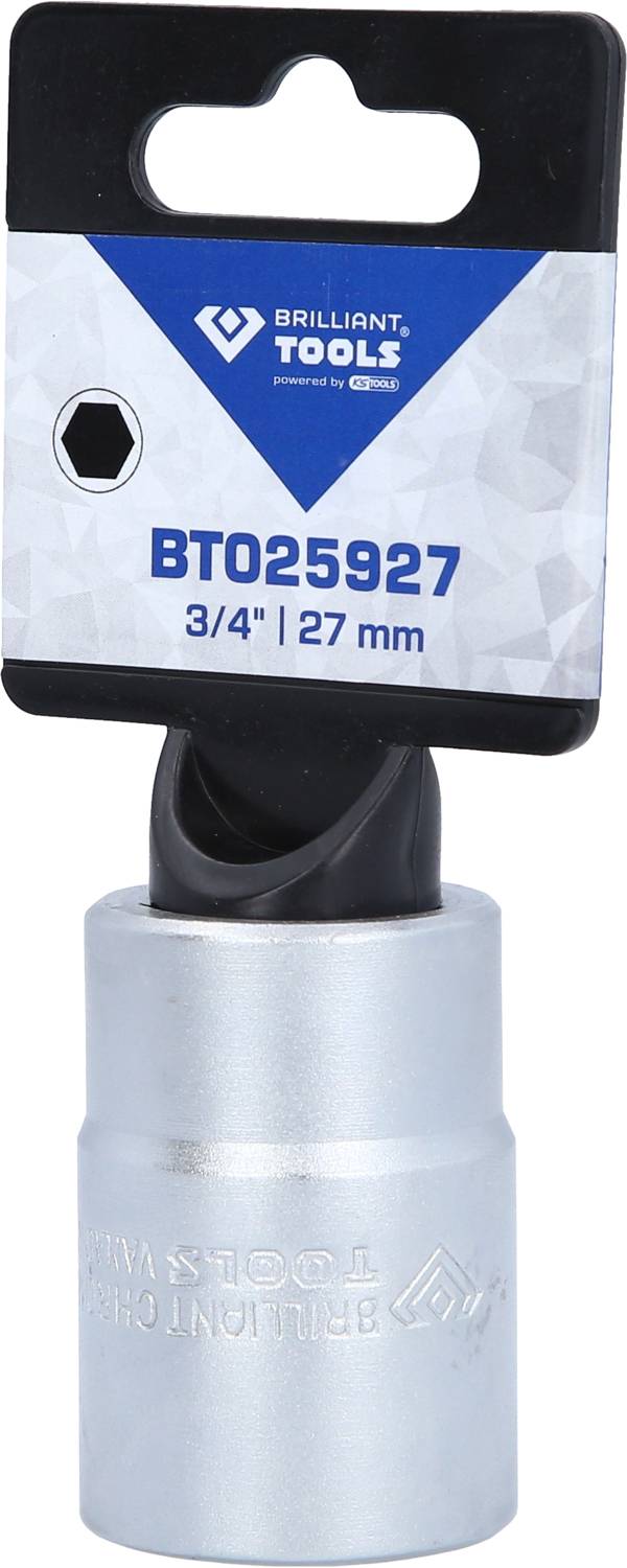 Abgebildet ist eine silberne Stecknuss von Brilliant Tools, Modell BT025927, Größe 3/4 Zoll, 27 mm, an einer Verpackung hängend.