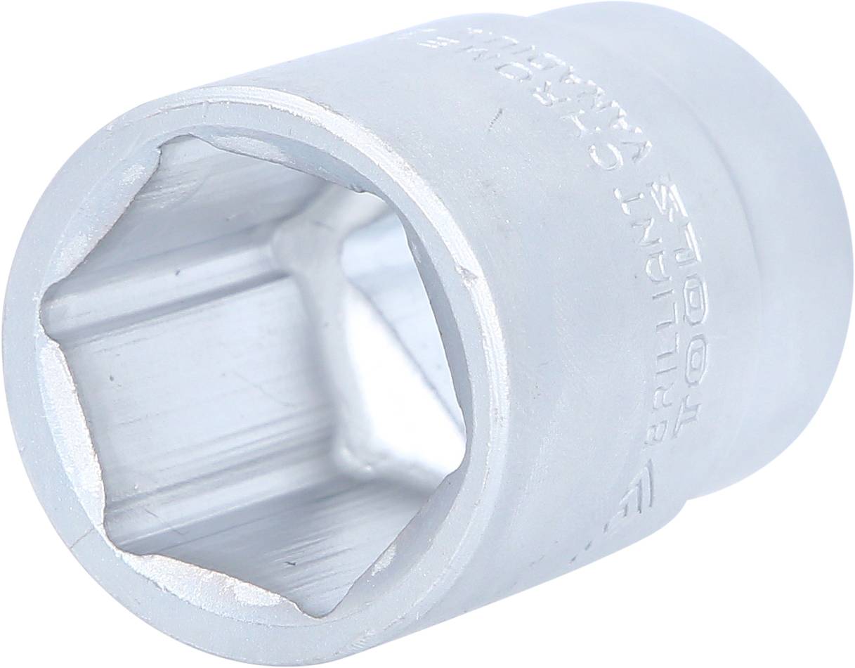 Ein silberner Steckschlüsseleinsatz mit sechs Innenkanten, verwendet für das Anziehen oder Lösen von Schrauben oder Muttern.