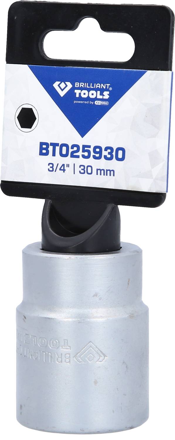 Werkzeugkopf aus Metall, Größe 3/4 Zoll oder 30 mm, mit schwarzem Haltegriff. Verpackung mit Aufschrift 'Brilliant Tools'.