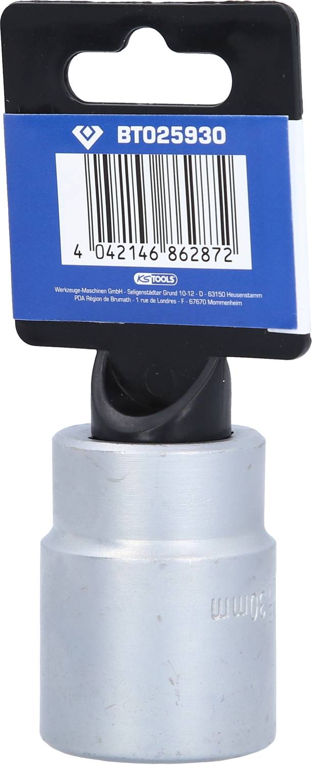 Stecknuss mit flexiblem Gelenk, Produktcode BTO25930, in blauem Etikett mit Barcode. Produkt für Kraftübertragung im Fahrzeugbau.