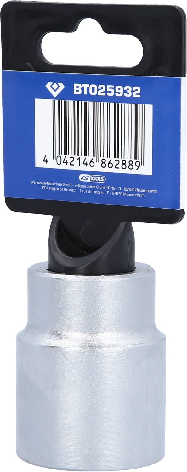 Stecknuss mit Artikelnr. BTO25932, ausgestattet mit einem Griff und einem Barcode, präsentiert auf einer blauen Verpackungskarte.