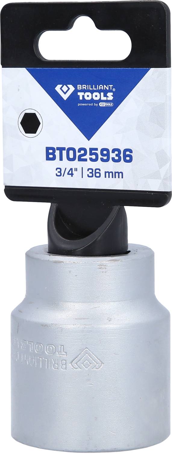 Schraubnuss, 3/4 Zoll, 36 mm, von Brilliant Tools, silberne Metalloberfläche, am schwarzen Kunststoffhaken befestigt.