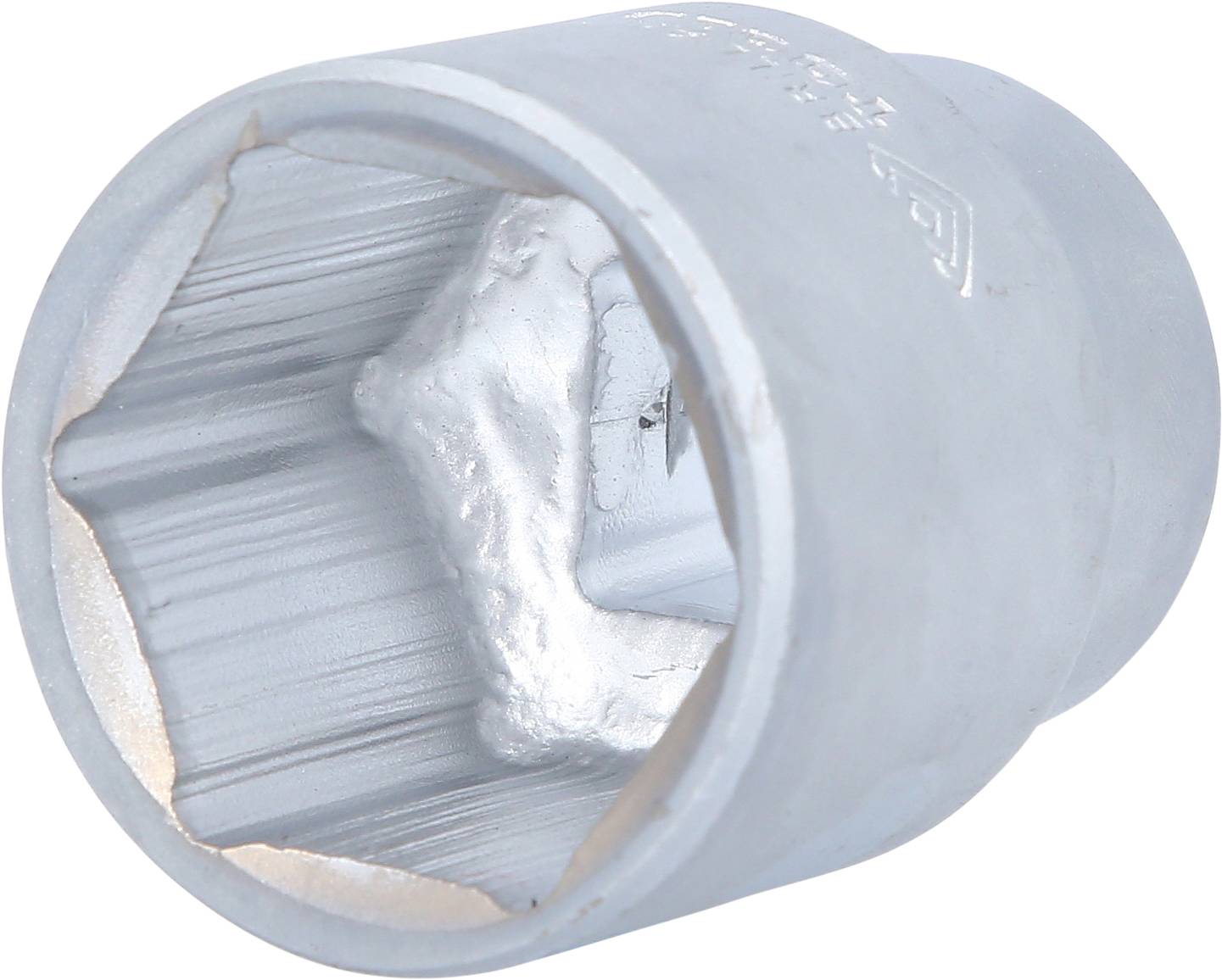 Abbildung eines grauen Steckschlüssels, zylindrische Form, mit metallischen Innenflächen. Werkzeug zur Befestigung von Schraubenmuttern.