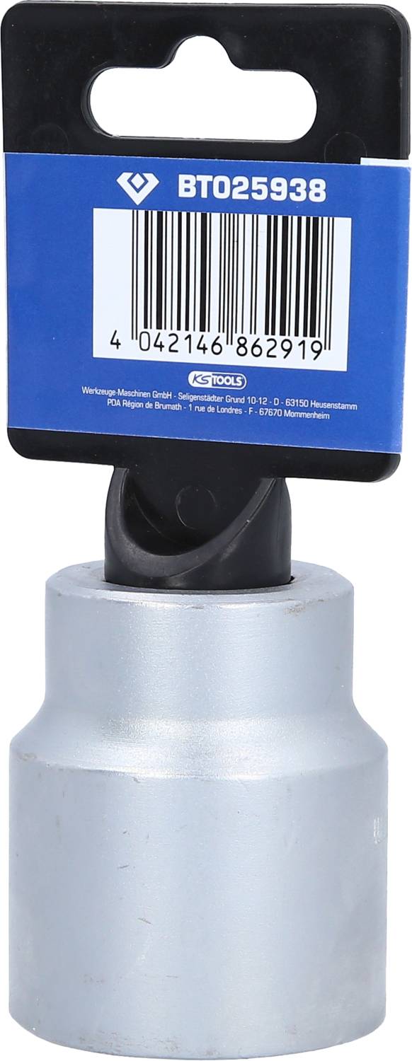 'Chrom-Vanadium-Stahl Nuss' mit Barcode, silberfarben. Verpackt in Plastik mit blauer Karte und Produktnummer 'BT025938'.