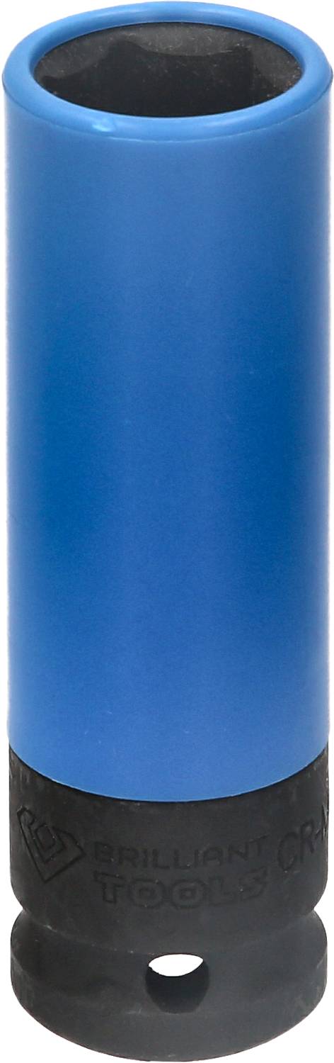 Eine blaue Stecknuss mit schwarzem Sockel, benutzt für Radmuttern. Markierung auf schwarzem Teil zeigt 'Brilliant Tools'.