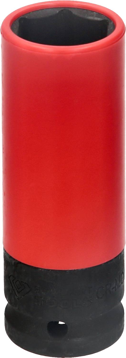 Rote und schwarze Stecknuss, zylindrisch, zum Lösen oder Festziehen von Schrauben mit einem Werkzeug wie einem Drehmomentschlüssel.