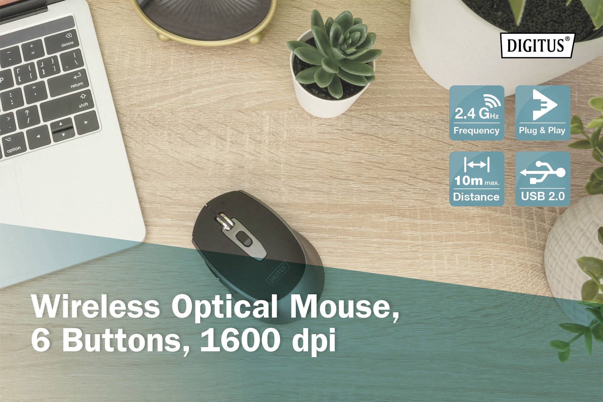 Digitus DA-20162 Maus Kabellos Optisch Schwarz, Grau 6 Tasten 1600 dpi, 1200 dpi, 800 dpi