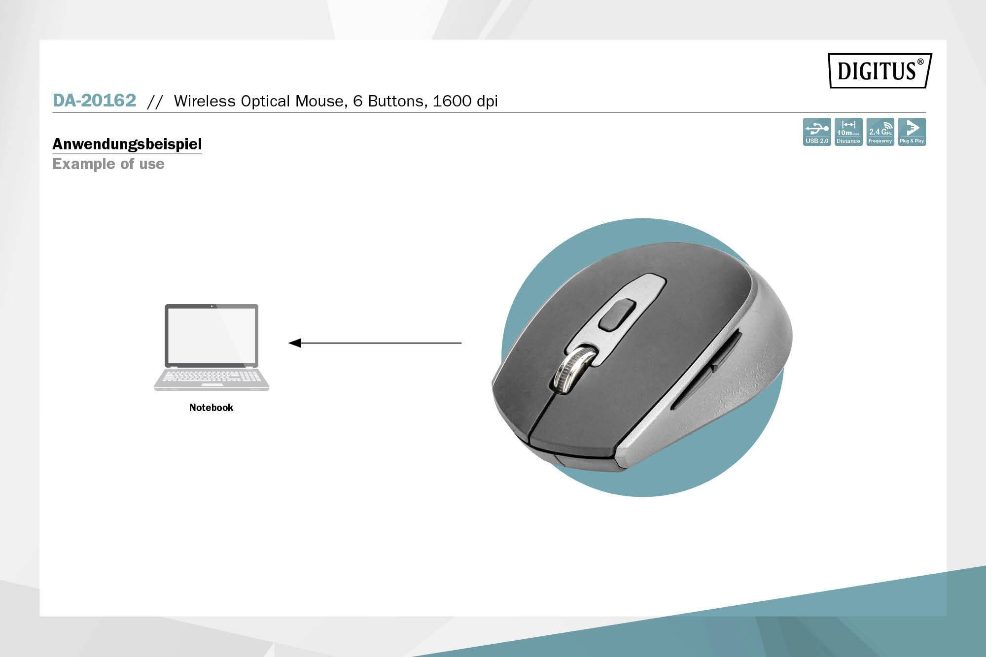 Digitus DA-20162 Maus Kabellos Optisch Schwarz, Grau 6 Tasten 1600 dpi, 1200 dpi, 800 dpi