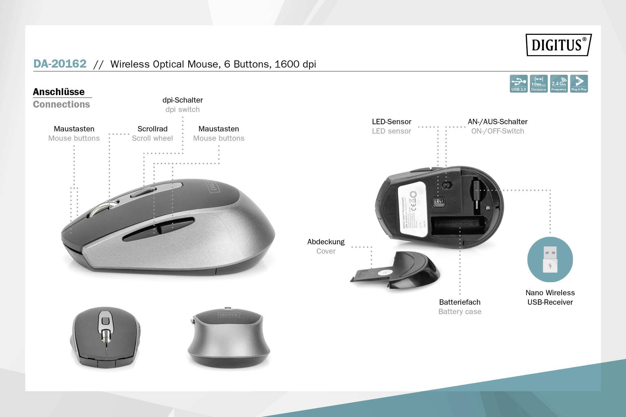 Digitus DA-20162 Maus Kabellos Optisch Schwarz, Grau 6 Tasten 1600 dpi, 1200 dpi, 800 dpi