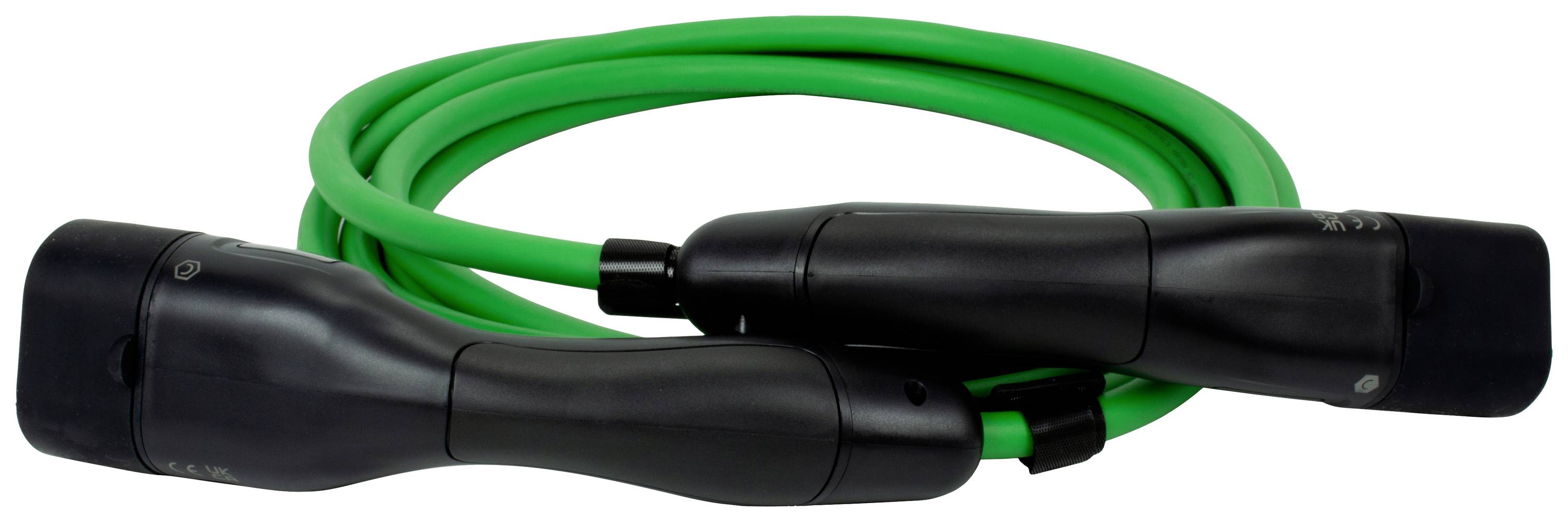 Zwei schwarze Steckverbinder an einem grünen Kabel, wahrscheinlich Ladekabel für Elektrofahrzeuge.
