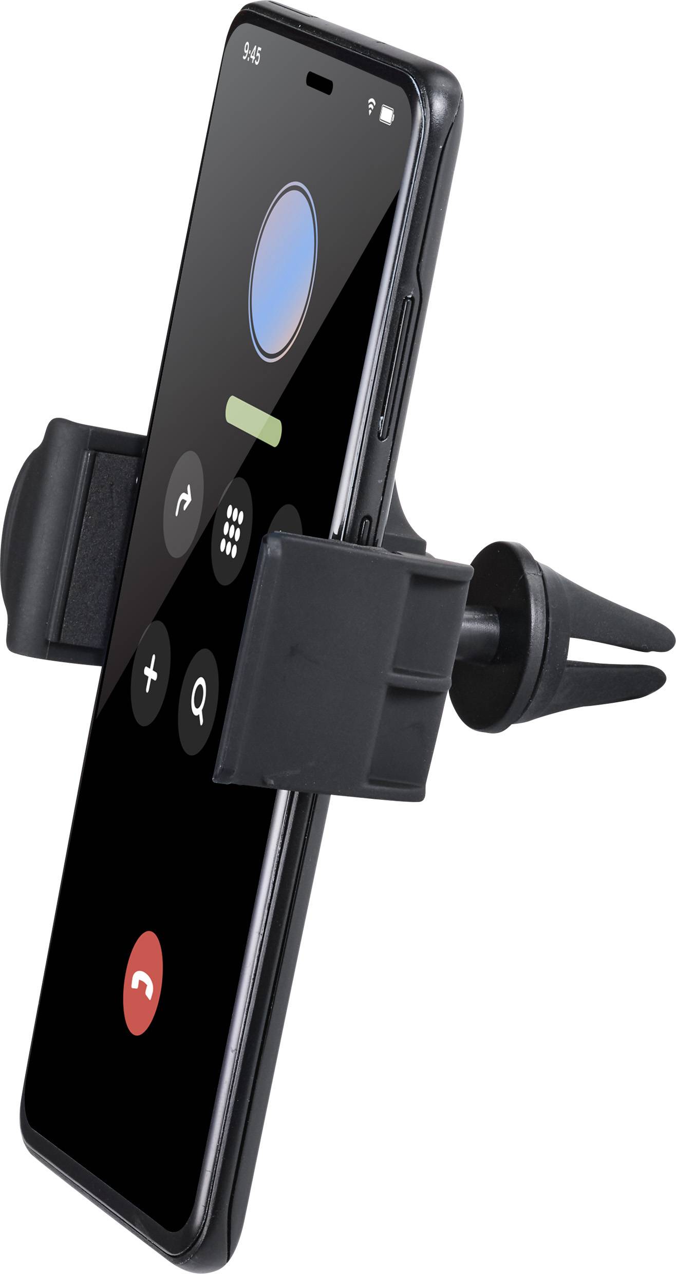 Ein Smartphone in einer Autohalterung an einem Lüftungsgitter. Der Bildschirm zeigt ein aktives Telefonat mit Steuerungstasten.