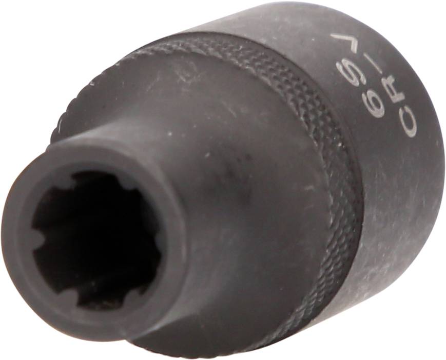 Eine schwarze Stecknuss für eine Ratsche, aus Metall mit einer sechskantigen Öffnung. Geeignet für den Einsatz in Handwerk oder Maschinenbau.