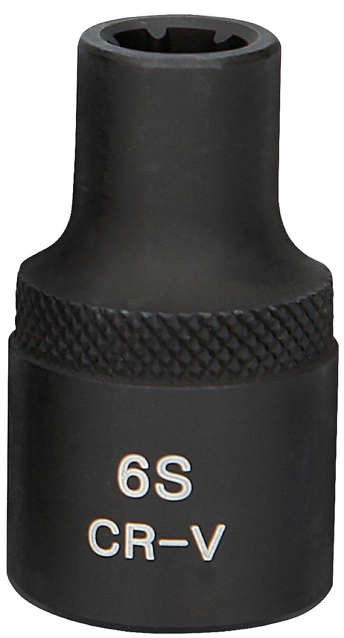 Eine schwarze Schraubnuss mit der Aufschrift '6S CR-V'. Sie ist aus Chrom-Vanadium gefertigt und hat ein hexagonal geformtes Ende.