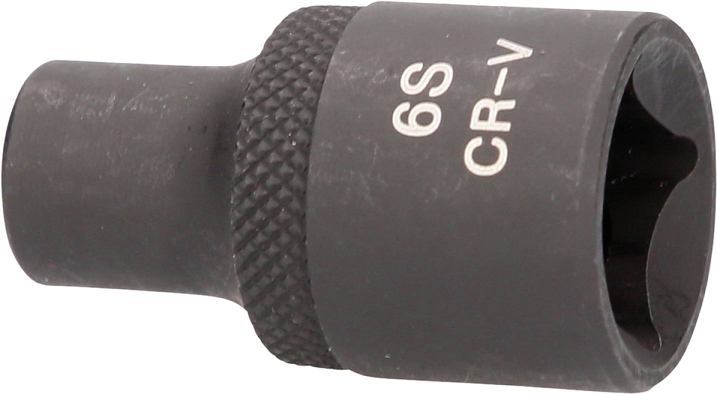 Schwarze 6mm Sechskant-Stecknuss mit der Beschriftung '6S CR-V', zur Verwendung mit Ratschen oder Steckschlüsseln in der Mechanik.