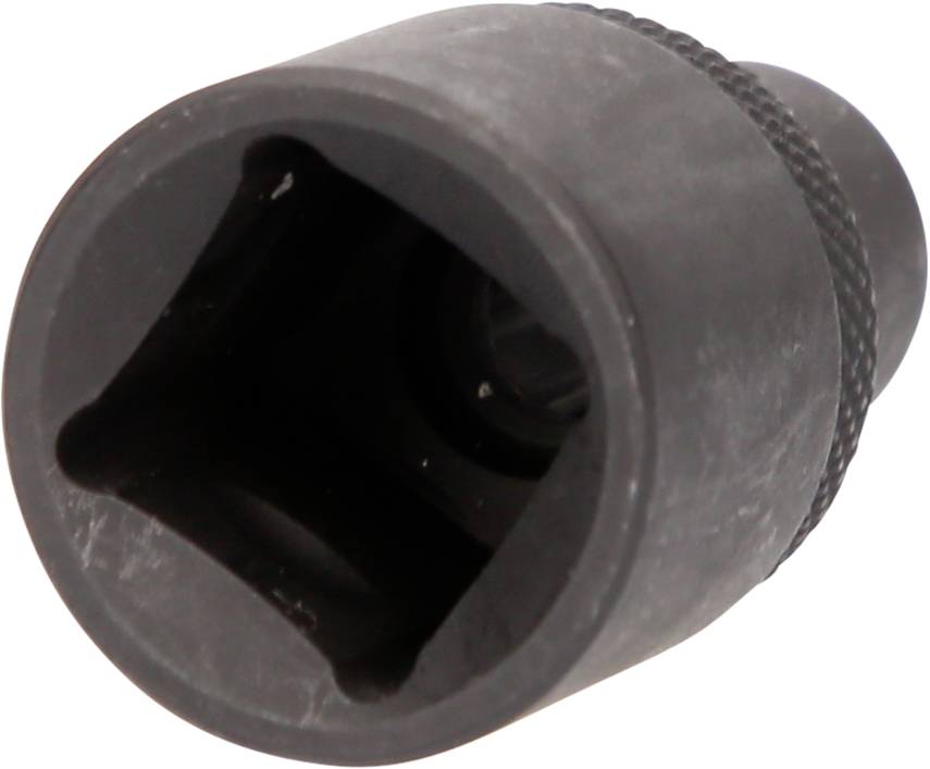 Eine schwarze Stecknuss aus Metall mit quadratischem Innenprofil, geeignet für Schraubenschlüssel oder Ratschen.