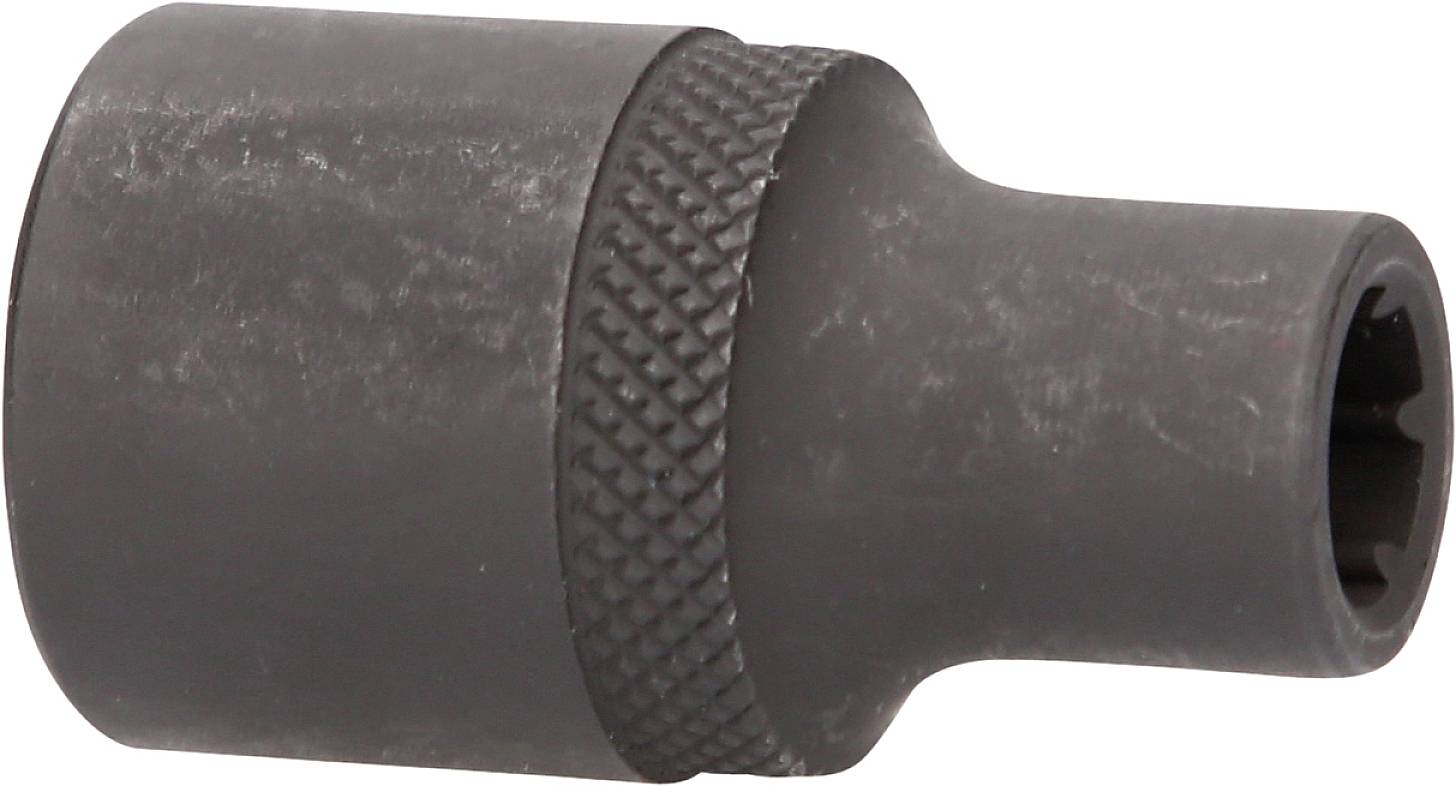 Ein schwarzer Steckschlüssel mit geriffeltem Griff und sechskantiger Öffnung, geeignet für mechanische Arbeiten.