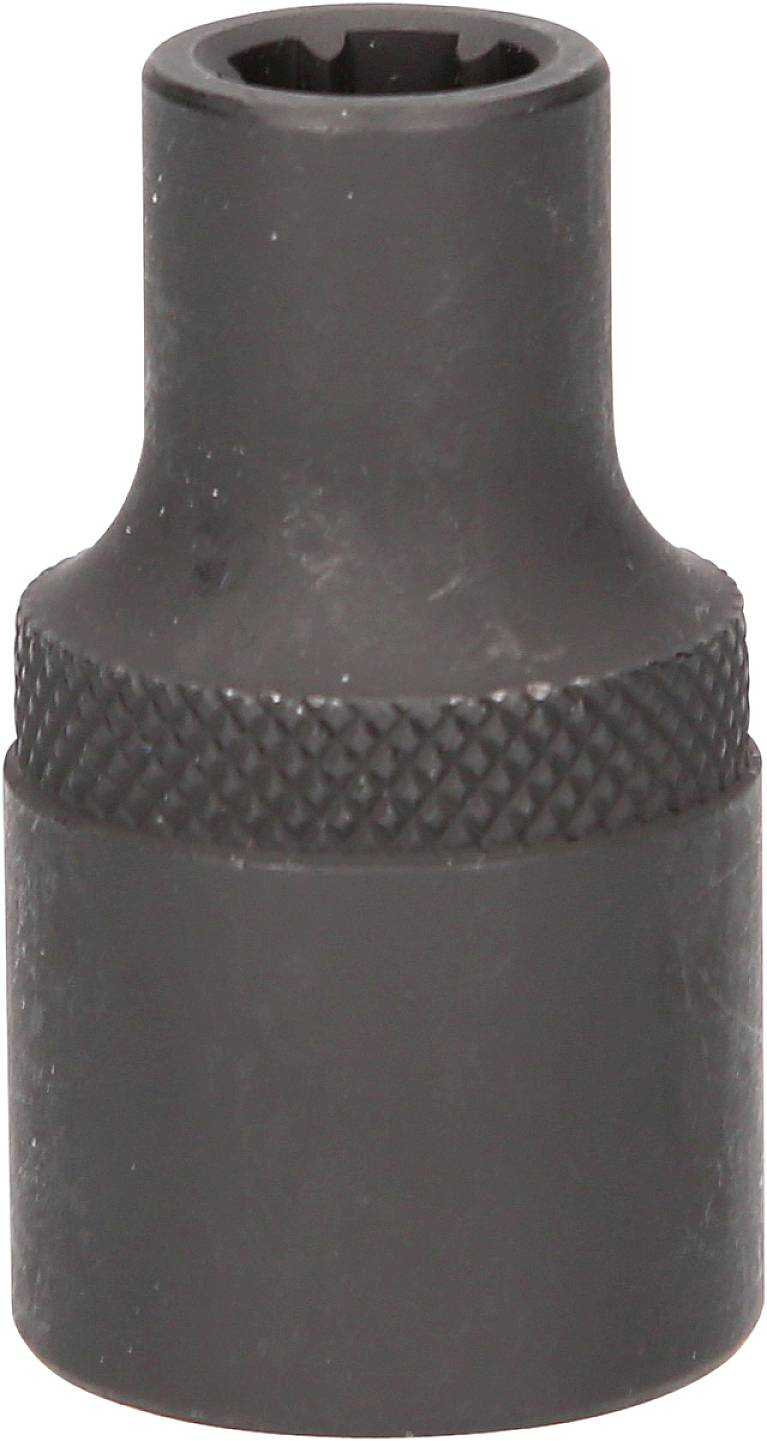 Ein schwarzer Schraubenschlüsselaufsatz aus Metall mit geriffeltem Griffbereich, geeignet für sechseckige Muttern oder Schrauben.