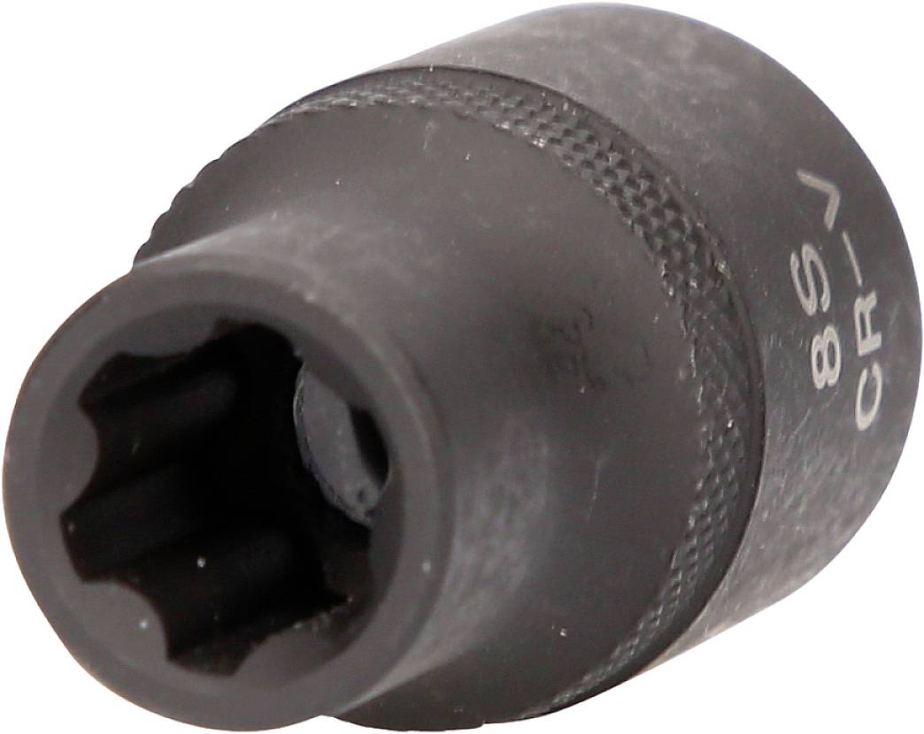 Eine schwarze Stecknuss aus Metall mit 'CR-V 8S'-Aufschrift. Sie wird häufig in Werkzeugkästen verwendet, um Schrauben oder Muttern zu drehen.