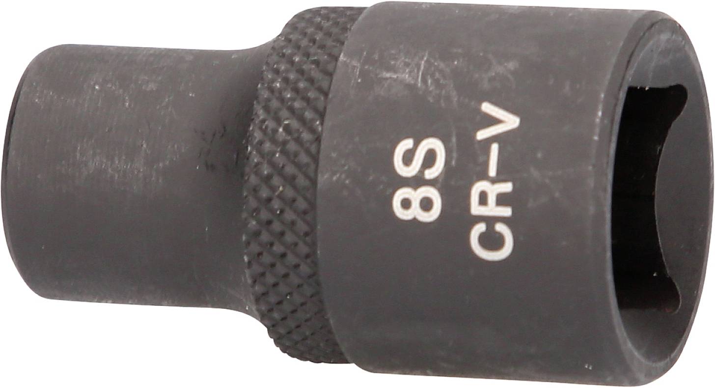 Schwarze Stecknuss mit der Aufschrift '8S CR-V' auf der Seite, aus Chrom-Vanadium-Stahl, zur Anwendung mit einem Steckschlüssel geeignet.