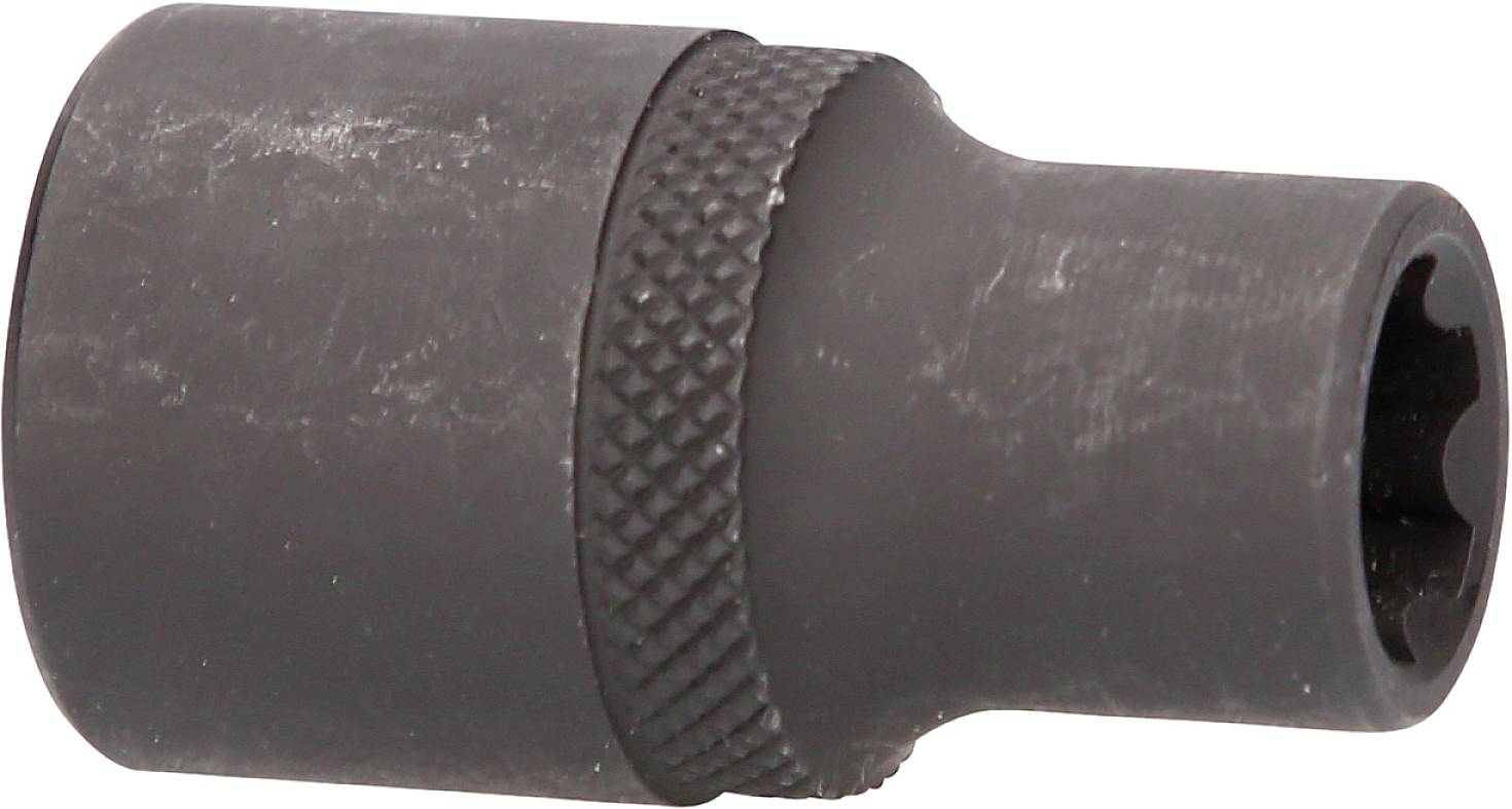 Eine schwarze Stecknuss mit gerändeltem Griff, geeignet für mechanische Arbeiten.