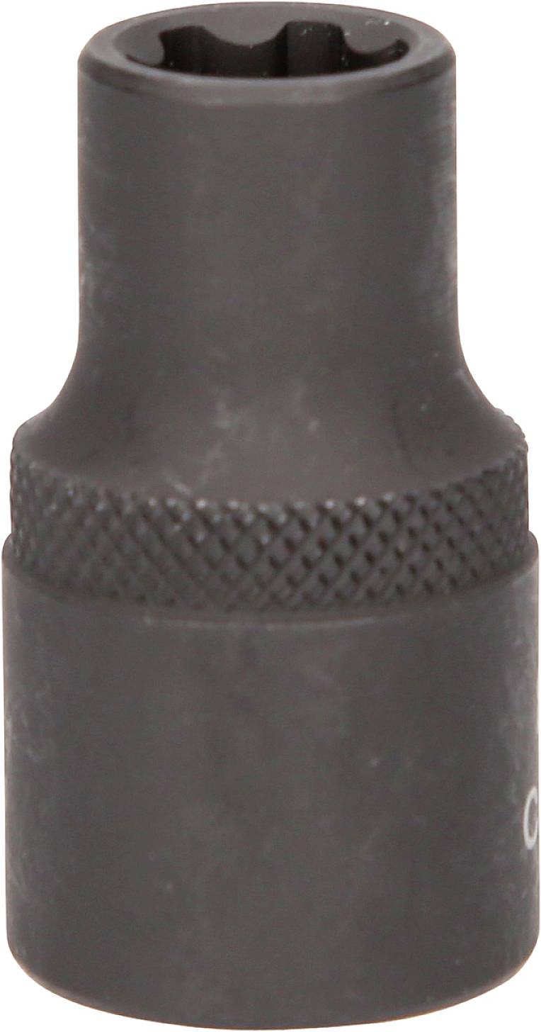 Eine schwarze Steckschlüssel-Nuss mit geriffelter Oberfläche, zylindrische Form, verwendet für mechanische Arbeiten.