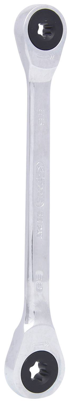 Ein silberner Maulschlüssel mit zwei unterschiedlichen Maulgrößen an den Enden, jeweils mit einem schwarzen Inlay.