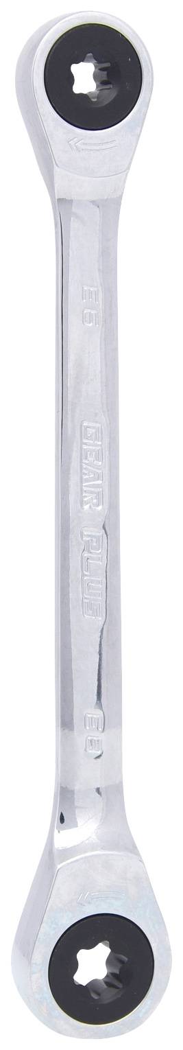 Ein silberglänzender Ratschenringschlüssel mit zwei Enden für unterschiedliche Schraubengrößen, geeignet für Schraubarbeiten.